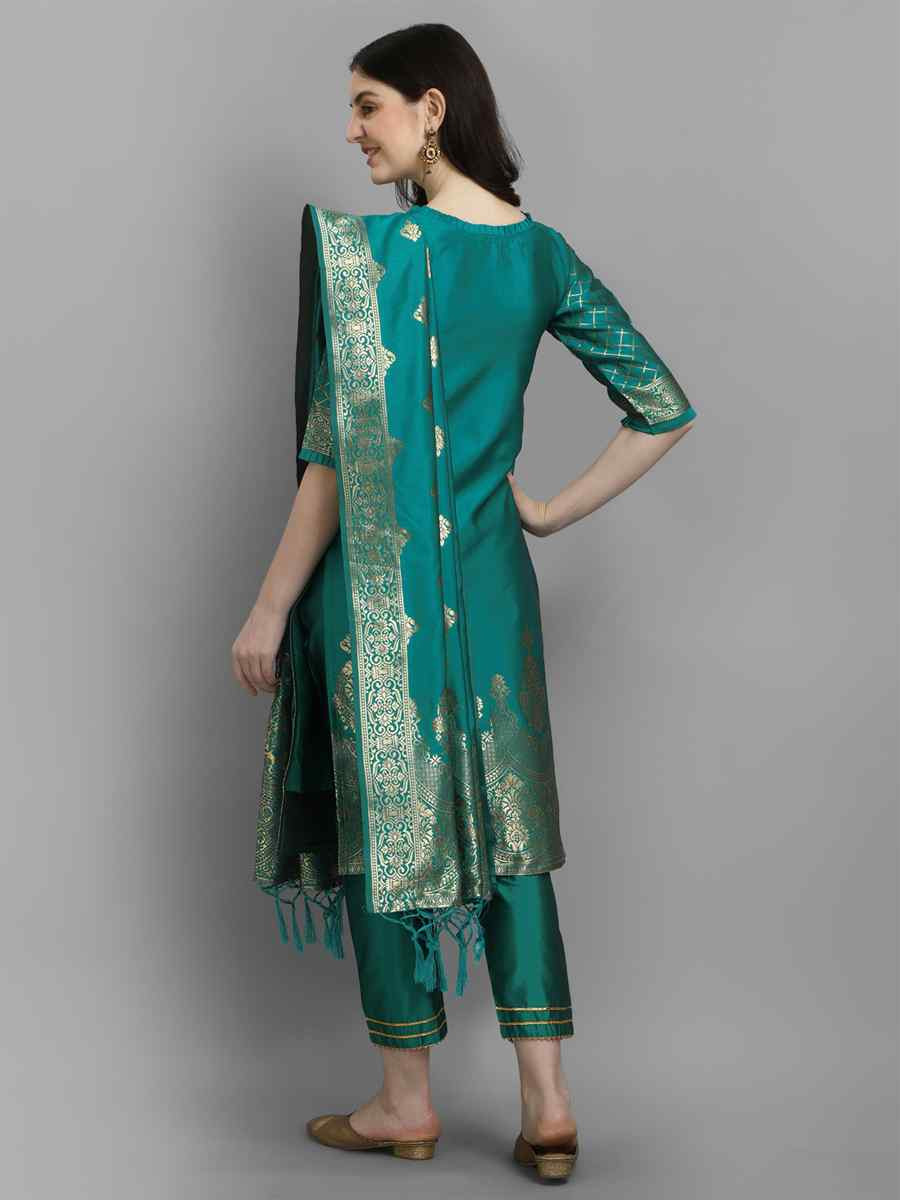 Rama Green Cotton Silk Jacquard Handwoven Party Wedding Festival Casual Ready Pant Salwar Kameez