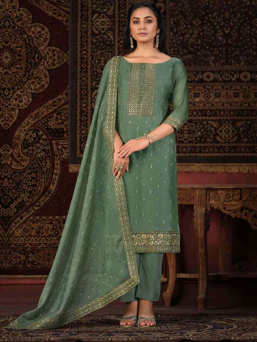 Rama Green Crystal Organza Embroidered Casual Festival Pant Salwar Kameez