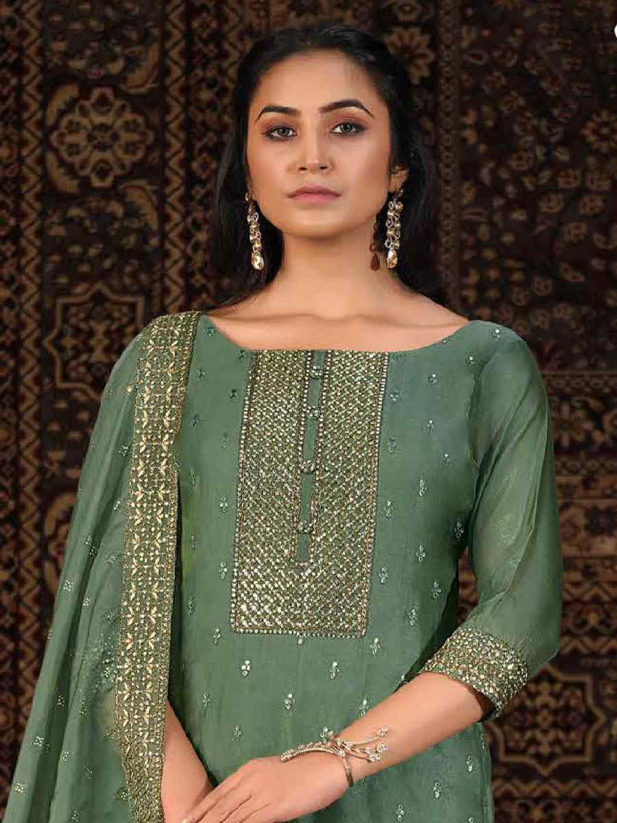 Rama Green Crystal Organza Embroidered Casual Festival Pant Salwar Kameez