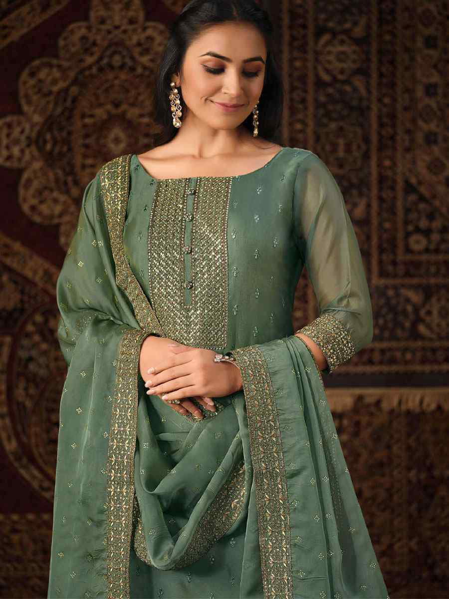 Rama Green Crystal Organza Embroidered Casual Festival Pant Salwar Kameez