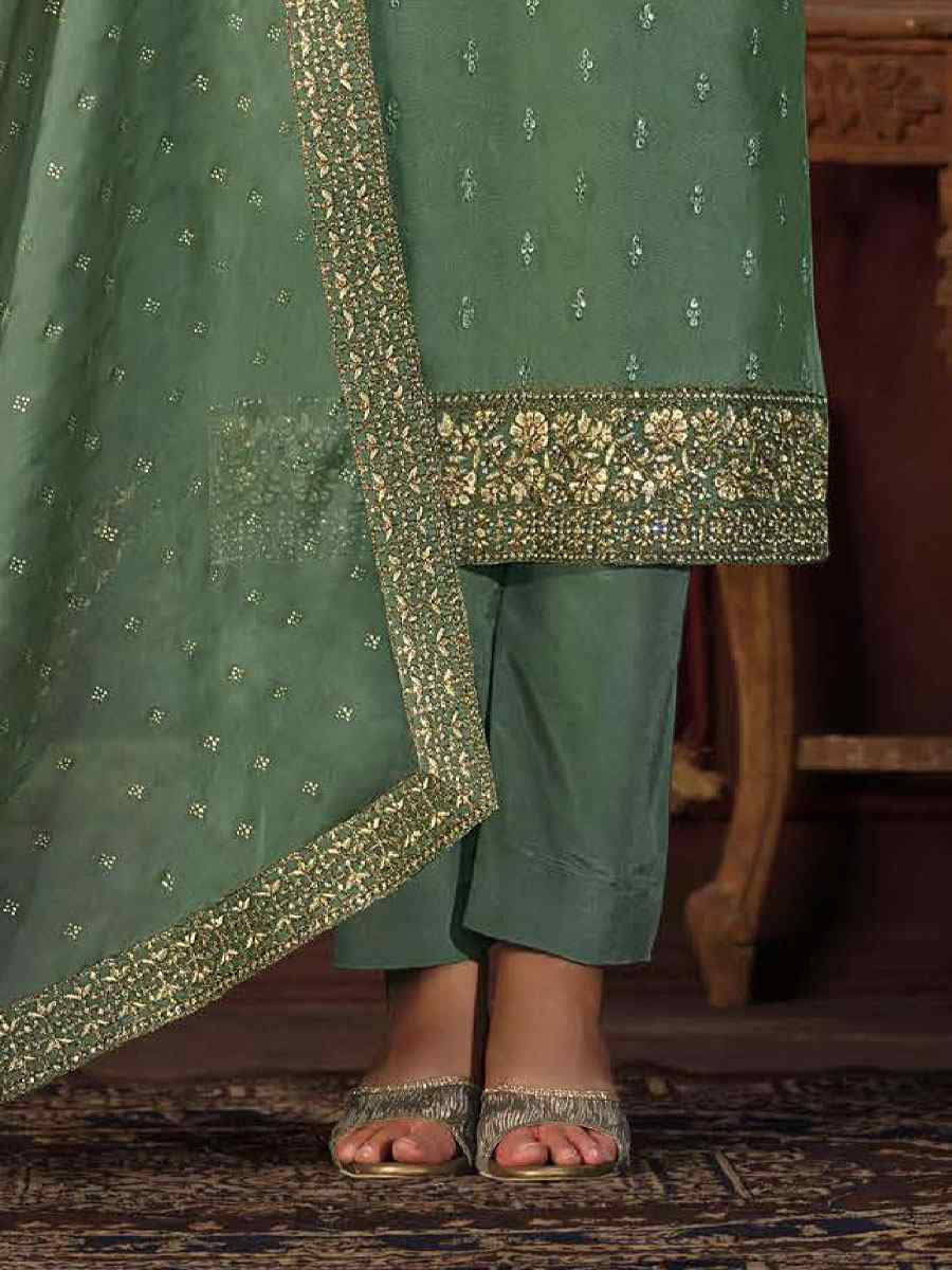 Rama Green Crystal Organza Embroidered Casual Festival Pant Salwar Kameez