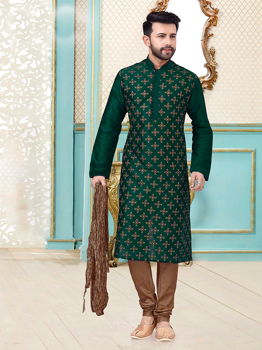 Rama Green Dhupion Silk Embroidery Wedding Party Festival Ready Mens Kurta