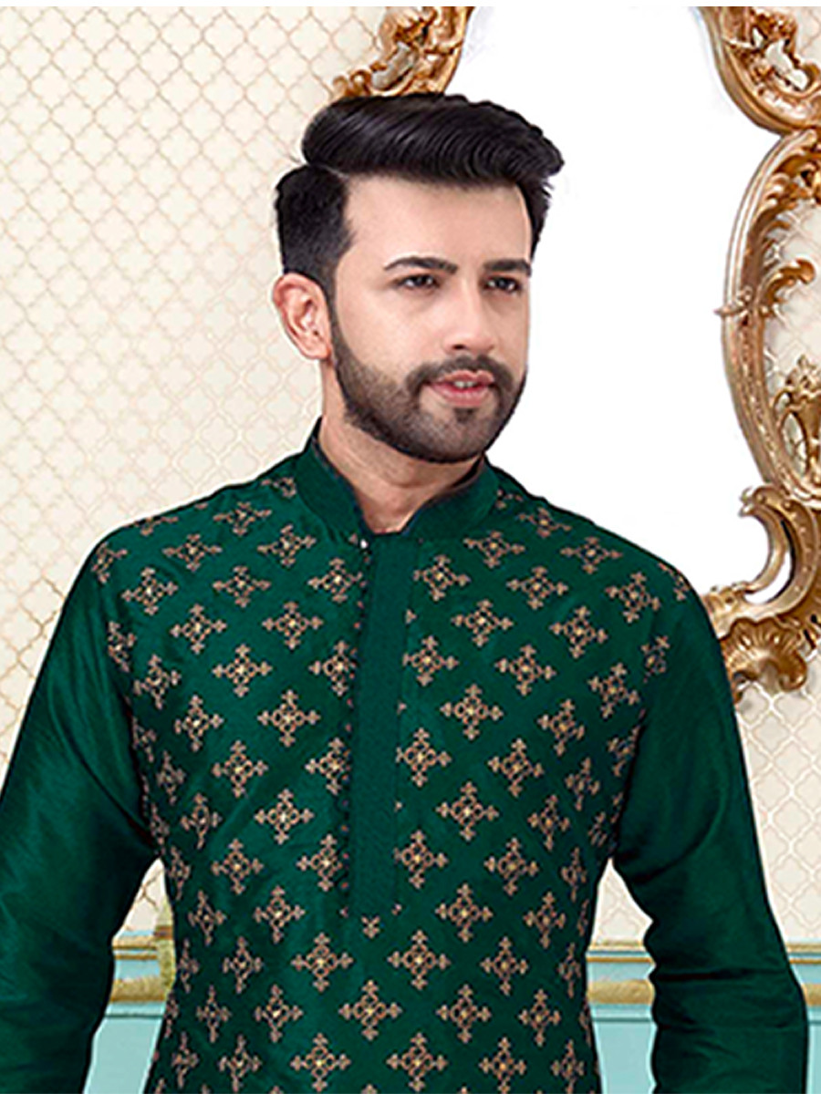 Rama Green Dhupion Silk Embroidery Wedding Party Festival Ready Mens Kurta