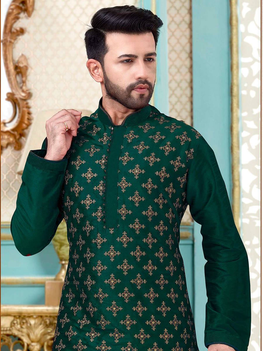 Rama Green Dhupion Silk Embroidery Wedding Party Festival Ready Mens Kurta