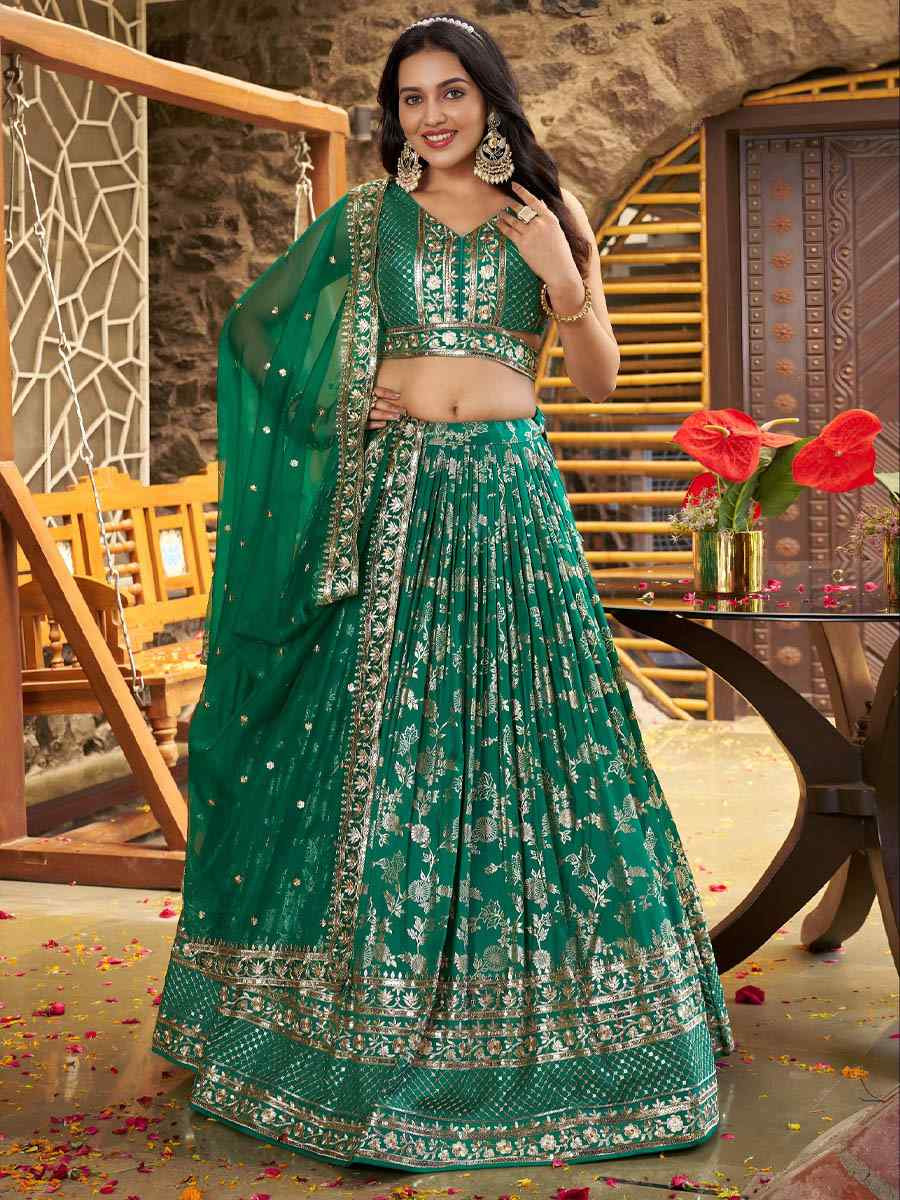 Rama Green Dola Silk Jacquard Embroidered Reception Wedding Bridal Lehenga Choli