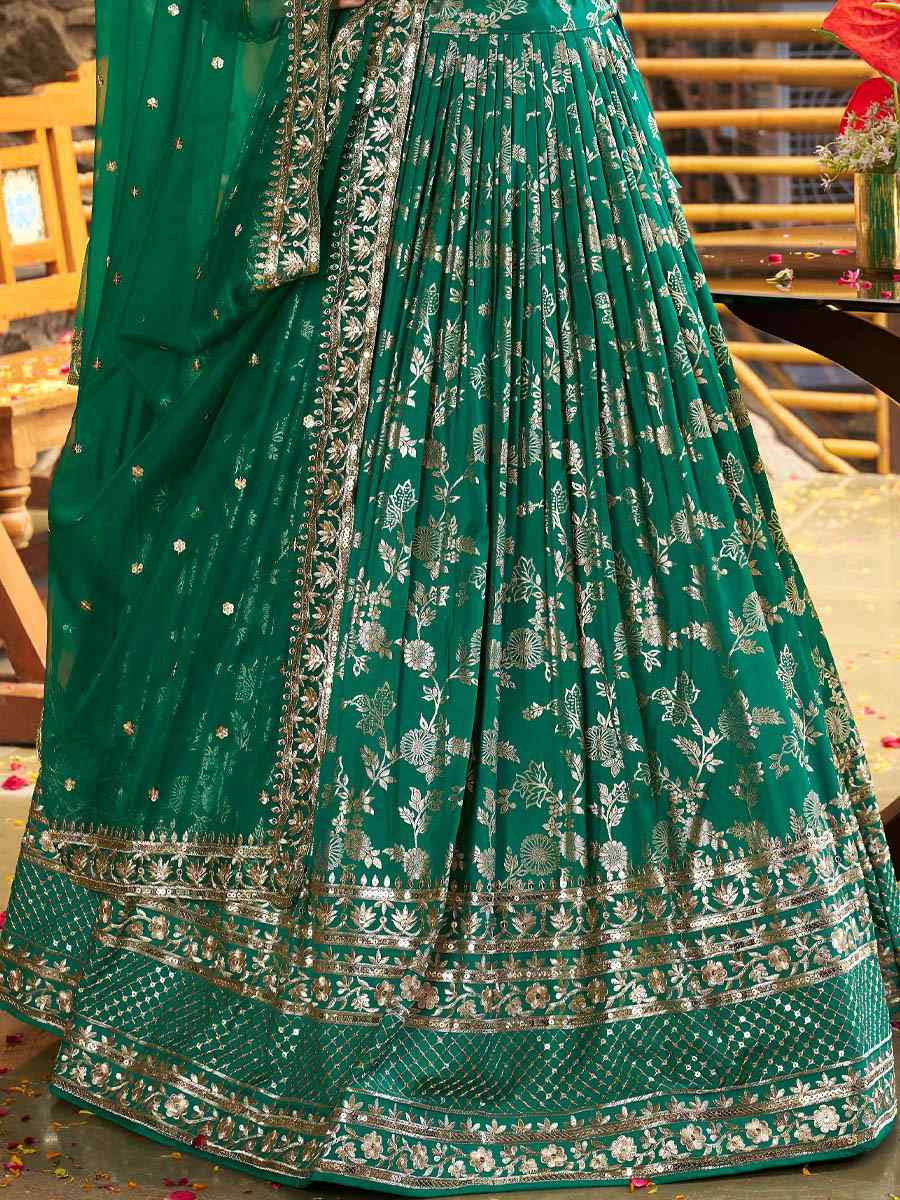 Rama Green Dola Silk Jacquard Embroidered Reception Wedding Bridal Lehenga Choli