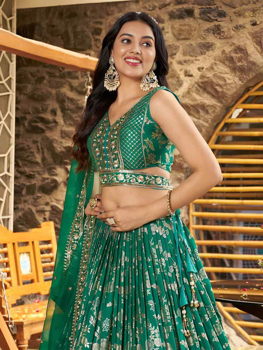 Rama Green Dola Silk Jacquard Embroidered Reception Wedding Bridal Lehenga Choli