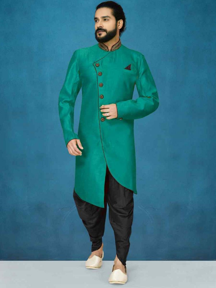 Rama Green Dupion Art Silk Cutwork Wedding Party Sherwani