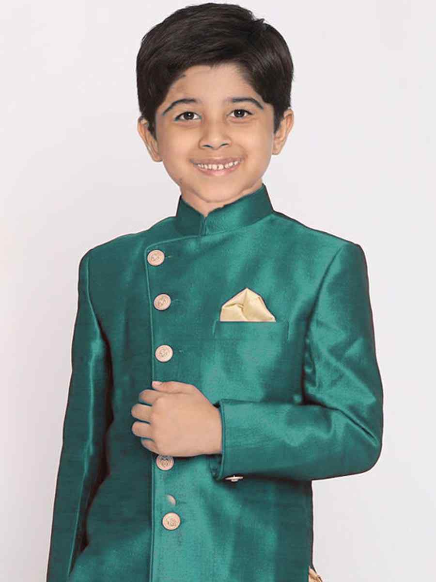 Rama Green Dupion Silk Brocade Festival Traditional Kurta Dhoti Boys Wear