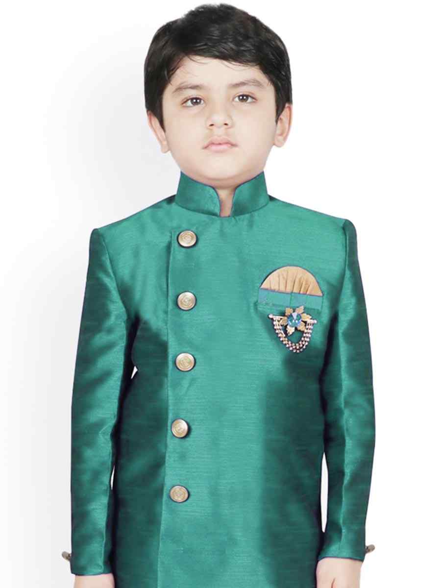 Rama Green Dupion Silk Brocade Festival Traditional Kurta Dhoti Boys Wear