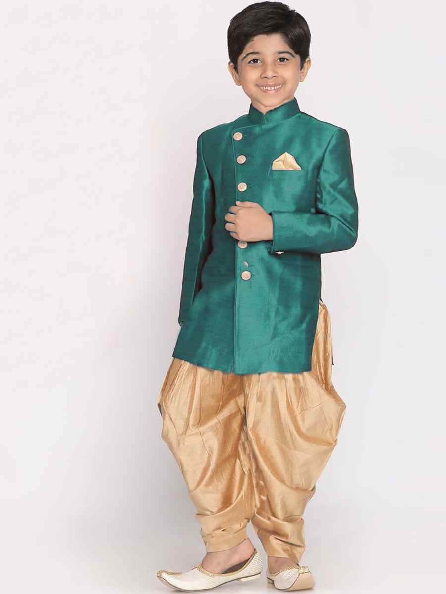 Rama Green Dupion Silk Brocade Festival Traditional Kurta Dhoti Boys Wear