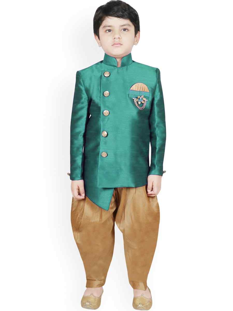 Rama Green Dupion Silk Brocade Festival Traditional Kurta Dhoti Boys Wear