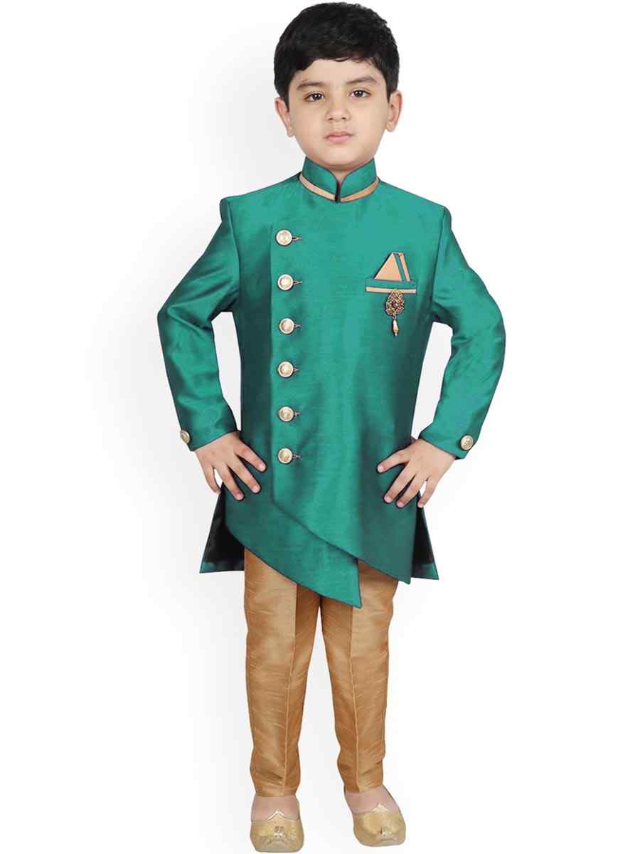 Rama Green Dupion Silk Brocade Festival Traditional Kurta Pyjama Boys Wear