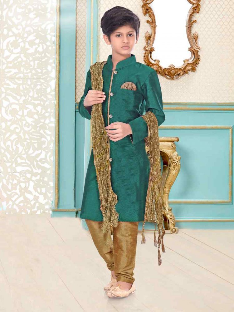 Rama Green Dupion Silk Zardosi Festival Wedding Kurta Pyjama Boys Wear