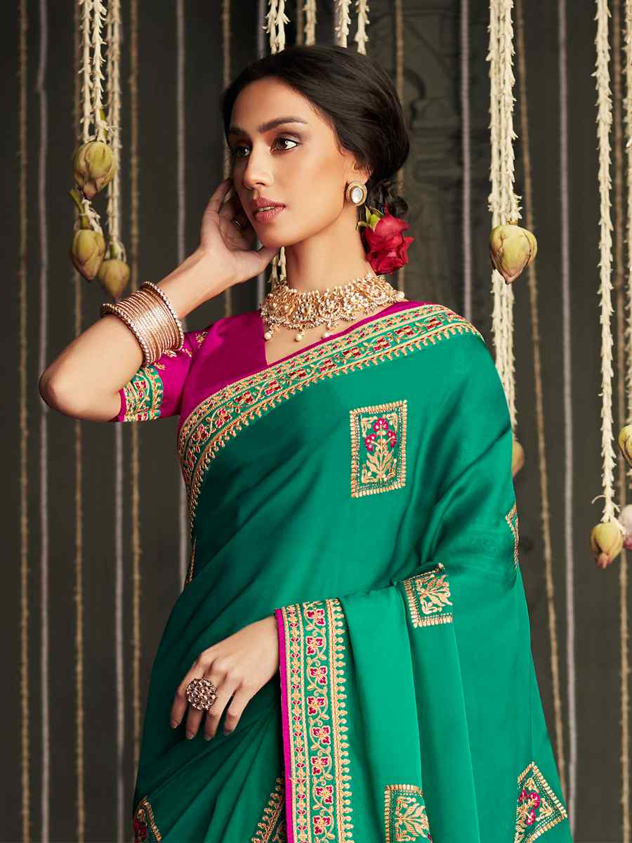 Rama Green Fancy Silk Handwoven Wedding Party Classic Bollywood Style Saree