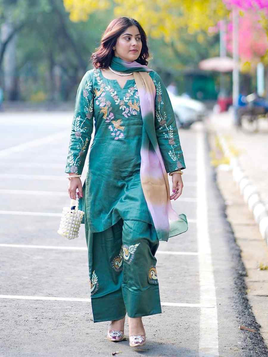 Rama Green Fench Crepe Embroidered Festival Mehendi Ready Farsi Salwar Kameez