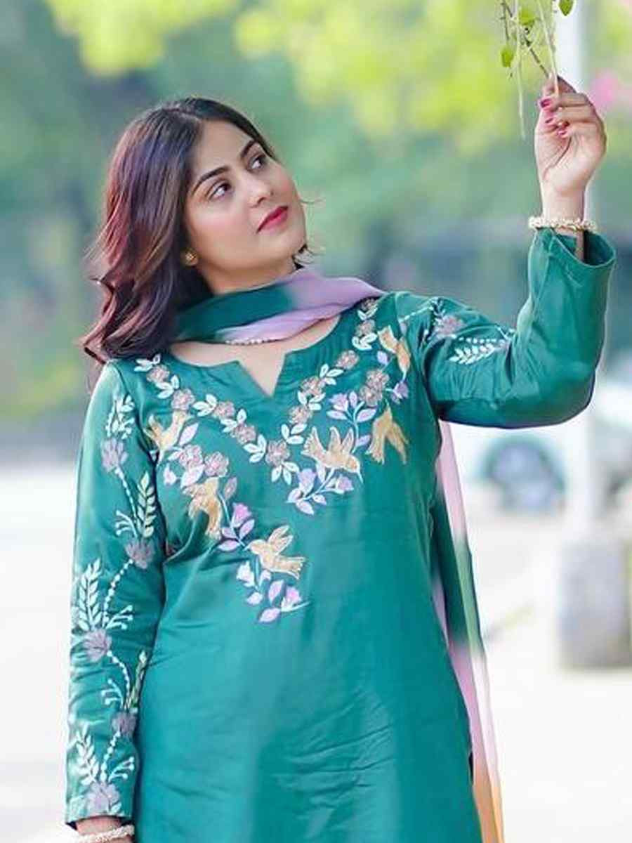 Rama Green Fench Crepe Embroidered Festival Mehendi Ready Farsi Salwar Kameez