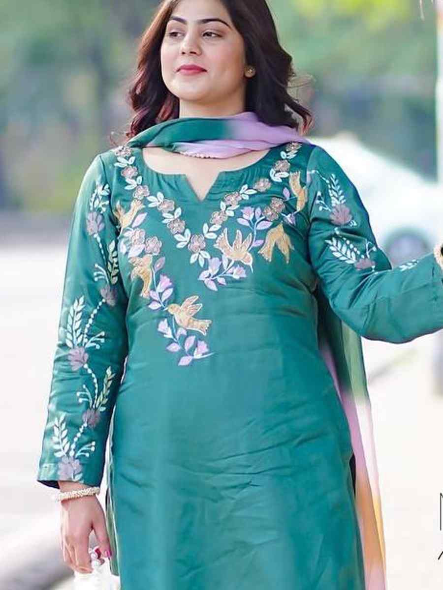 Rama Green Fench Crepe Embroidered Festival Mehendi Ready Farsi Salwar Kameez