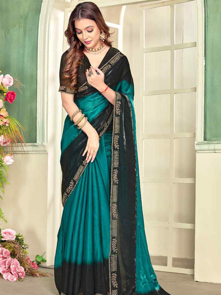 Rama Green Fendi Satin Silk Embroidery Bridal Reception Festival Wedding Fancy Classic Heavy Border Saree