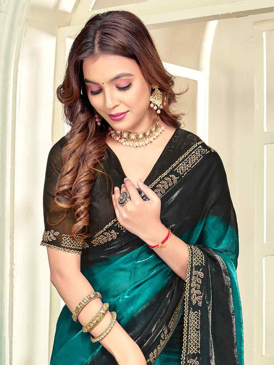 Rama Green Fendi Satin Silk Embroidery Bridal Reception Festival Wedding Fancy Classic Heavy Border Saree
