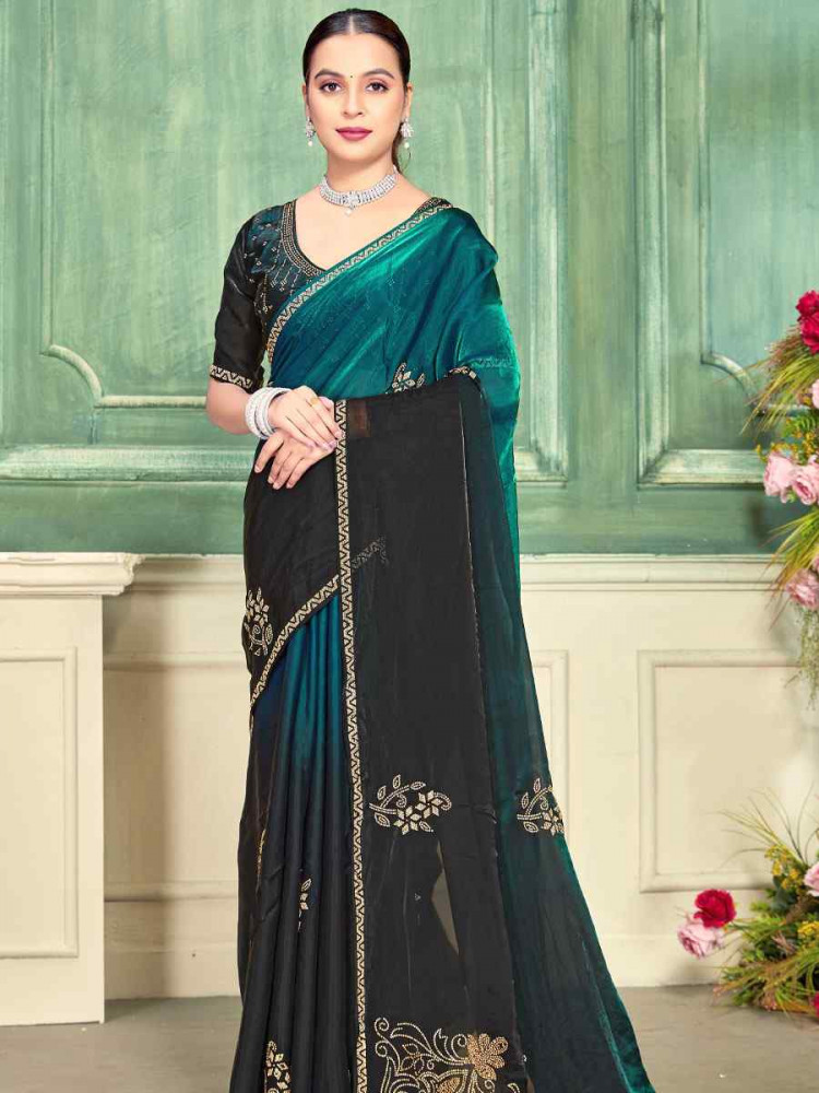 Image of Rama Green Fendi Satin Silk Embroidery Bridal Reception Festival Wedding Fancy Classic Heavy Border Saree
