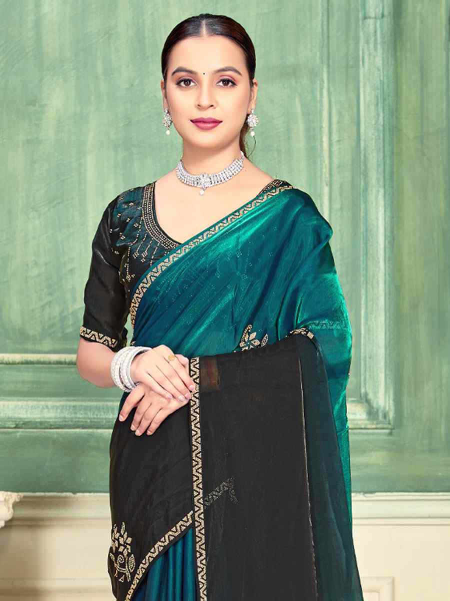 Rama Green Fendi Satin Silk Embroidery Bridal Reception Festival Wedding Fancy Classic Heavy Border Saree