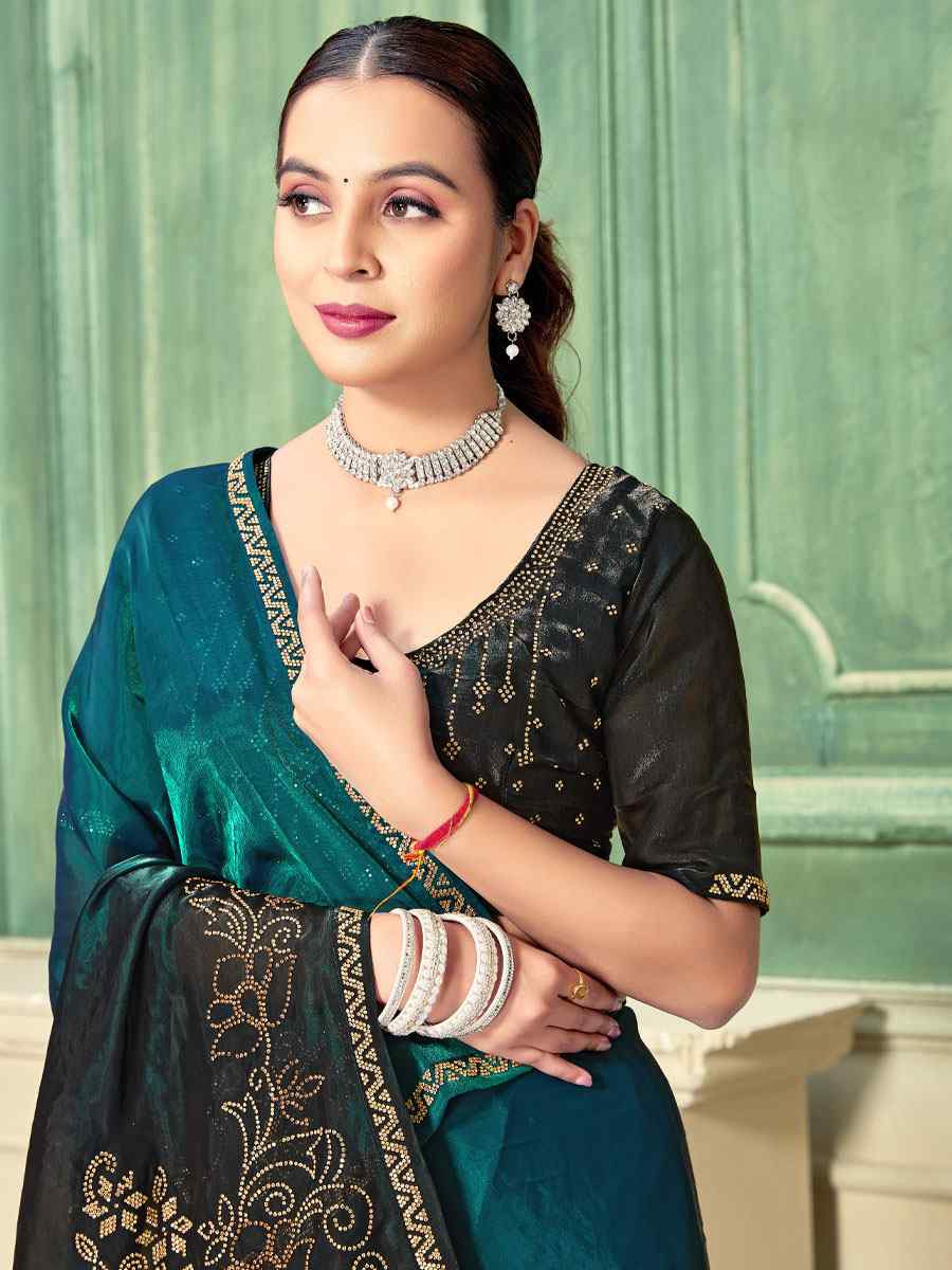 Rama Green Fendi Satin Silk Embroidery Bridal Reception Festival Wedding Fancy Classic Heavy Border Saree