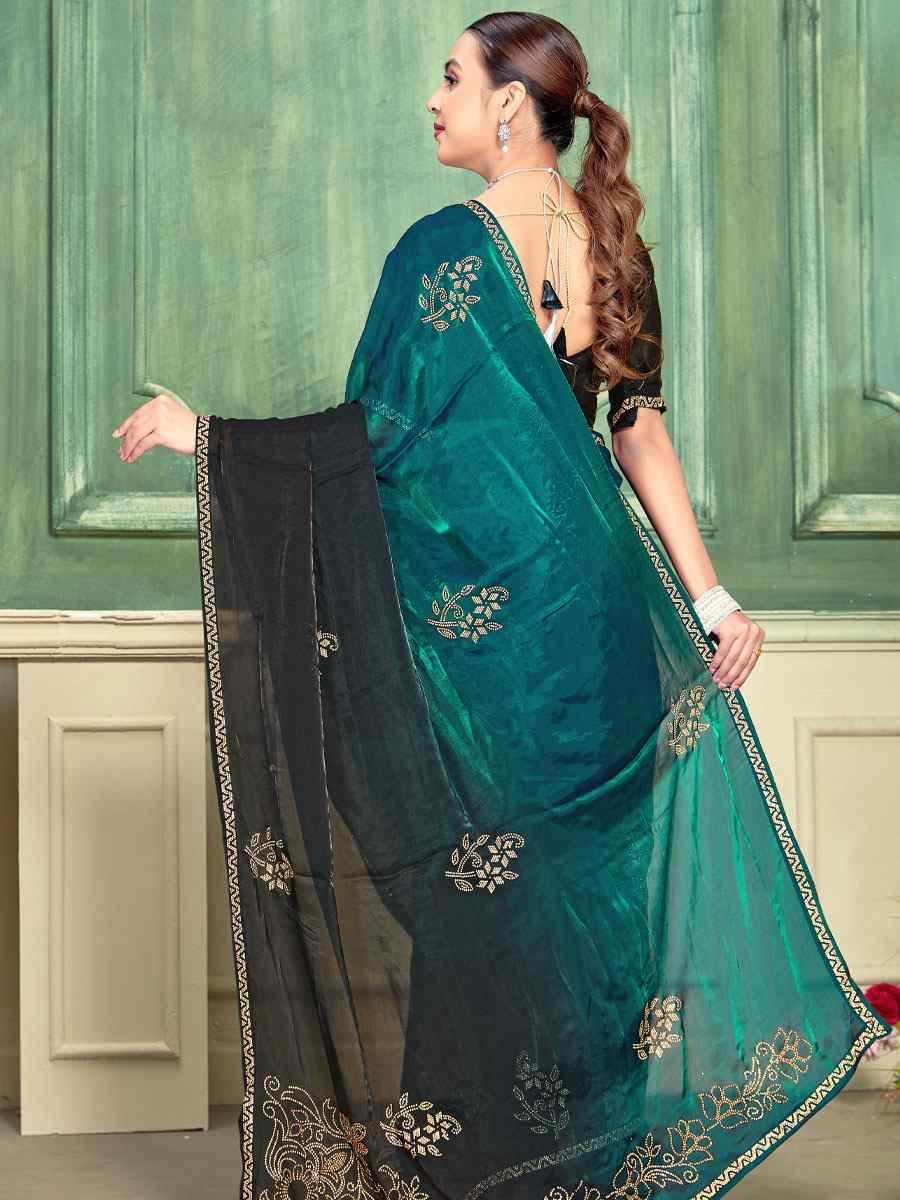 Rama Green Fendi Satin Silk Embroidery Bridal Reception Festival Wedding Fancy Classic Heavy Border Saree