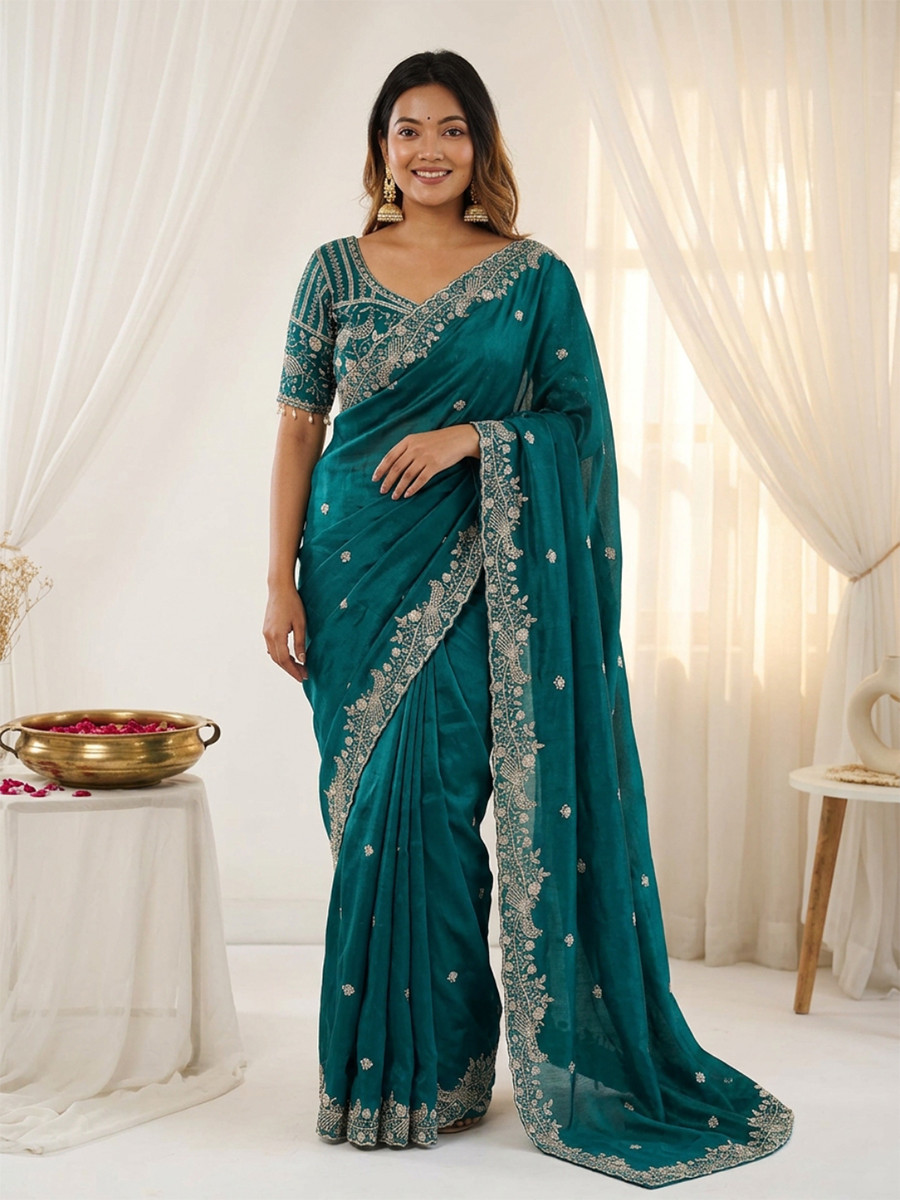 Rama Green Fendy Satin Designer Embroidery Wedding Reception Party Festival Casual Heavy Border Sarees