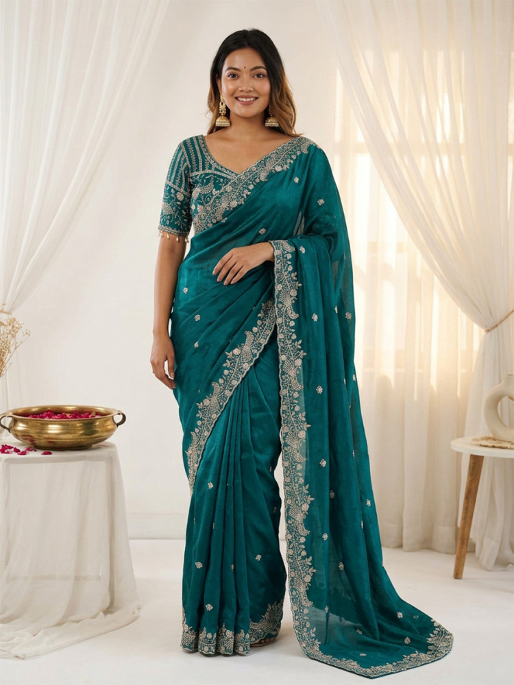 Image of Rama Green Fendy Satin Designer Embroidery Wedding Reception Party Festival Casual Heavy Border Sarees