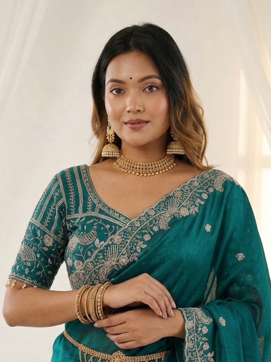 Rama Green Fendy Satin Designer Embroidery Wedding Reception Party Festival Casual Heavy Border Sarees