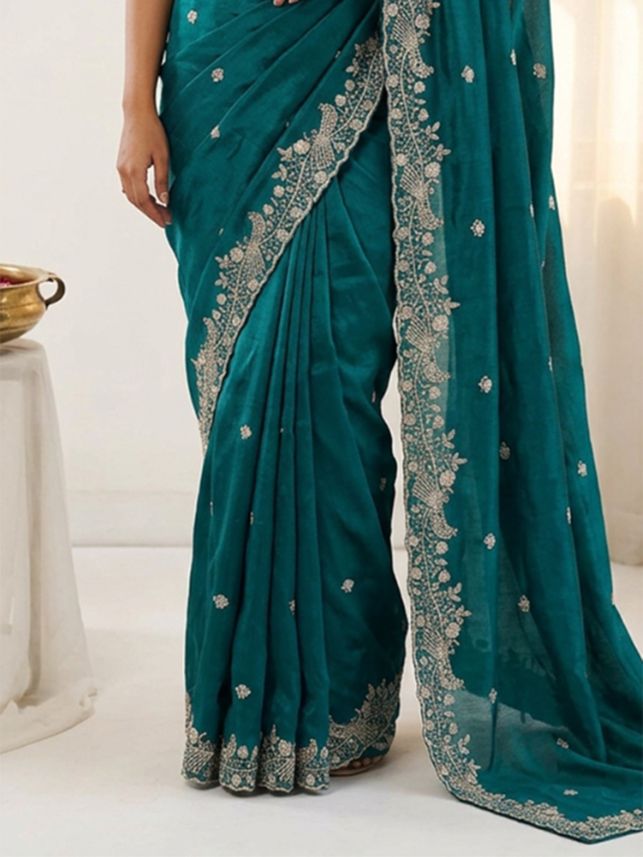 Rama Green Fendy Satin Designer Embroidery Wedding Reception Party Festival Casual Heavy Border Sarees
