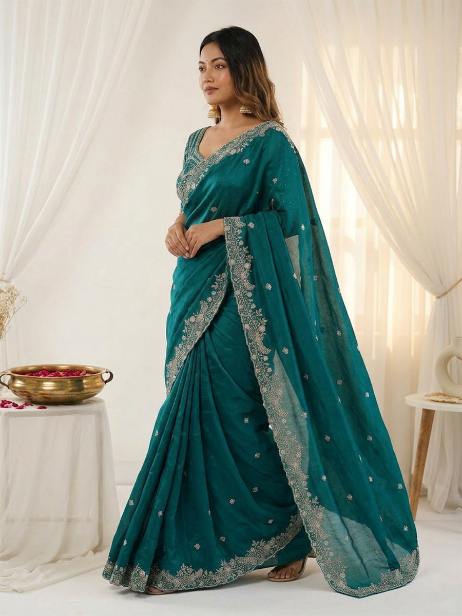 Rama Green Fendy Satin Designer Embroidery Wedding Reception Party Festival Casual Heavy Border Sarees