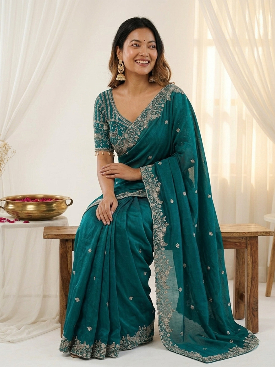 Rama Green Fendy Satin Designer Embroidery Wedding Reception Party Festival Casual Heavy Border Sarees