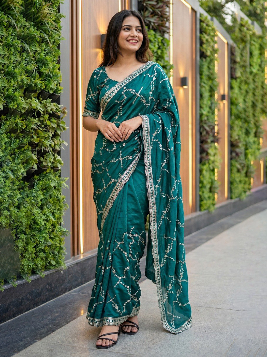 Rama Green Fendy Satin Embroidery Sequins Zari Wedding Reception Party Festival Casual Heavy Border Sarees