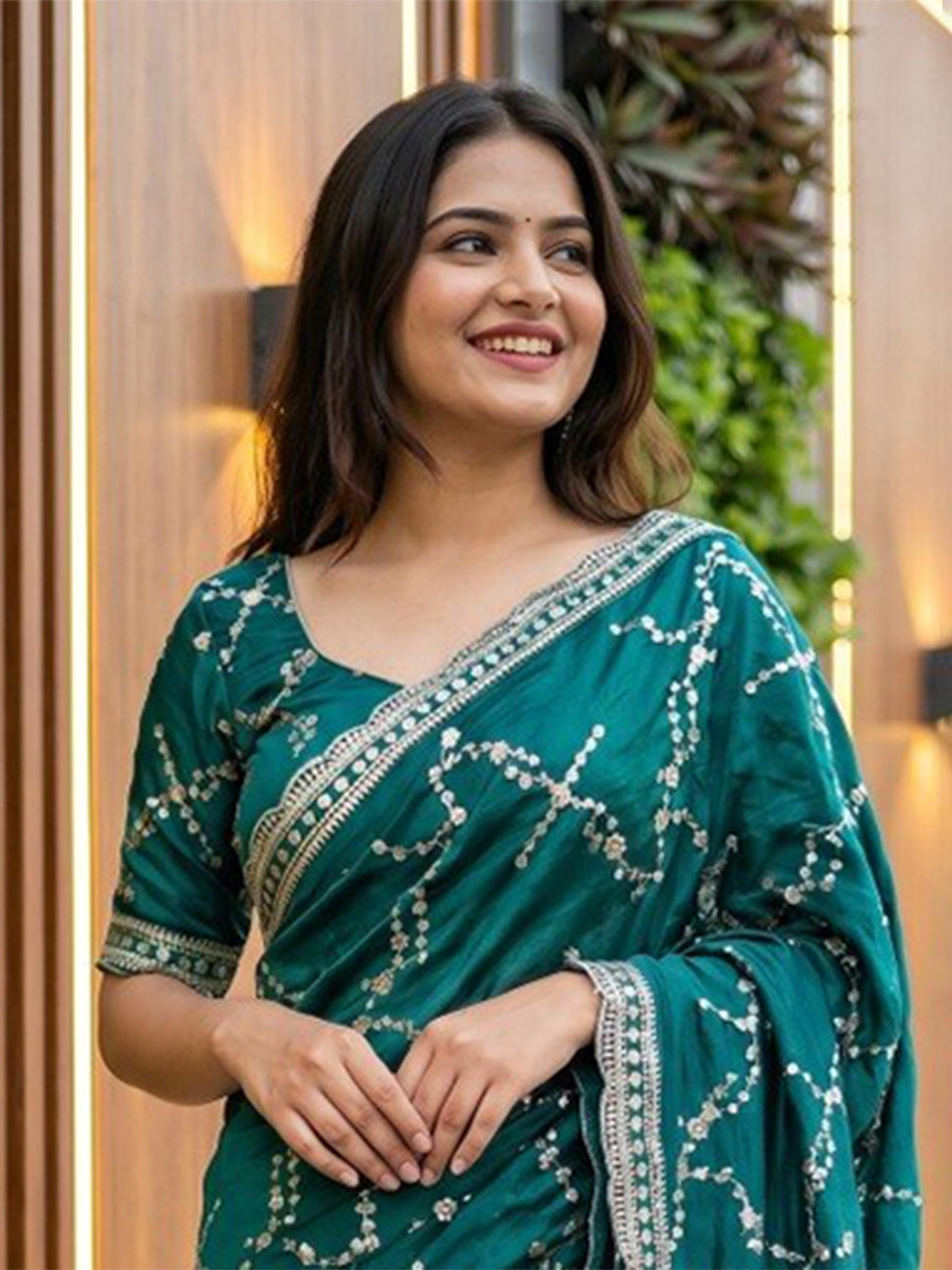 Rama Green Fendy Satin Embroidery Sequins Zari Wedding Reception Party Festival Casual Heavy Border Sarees