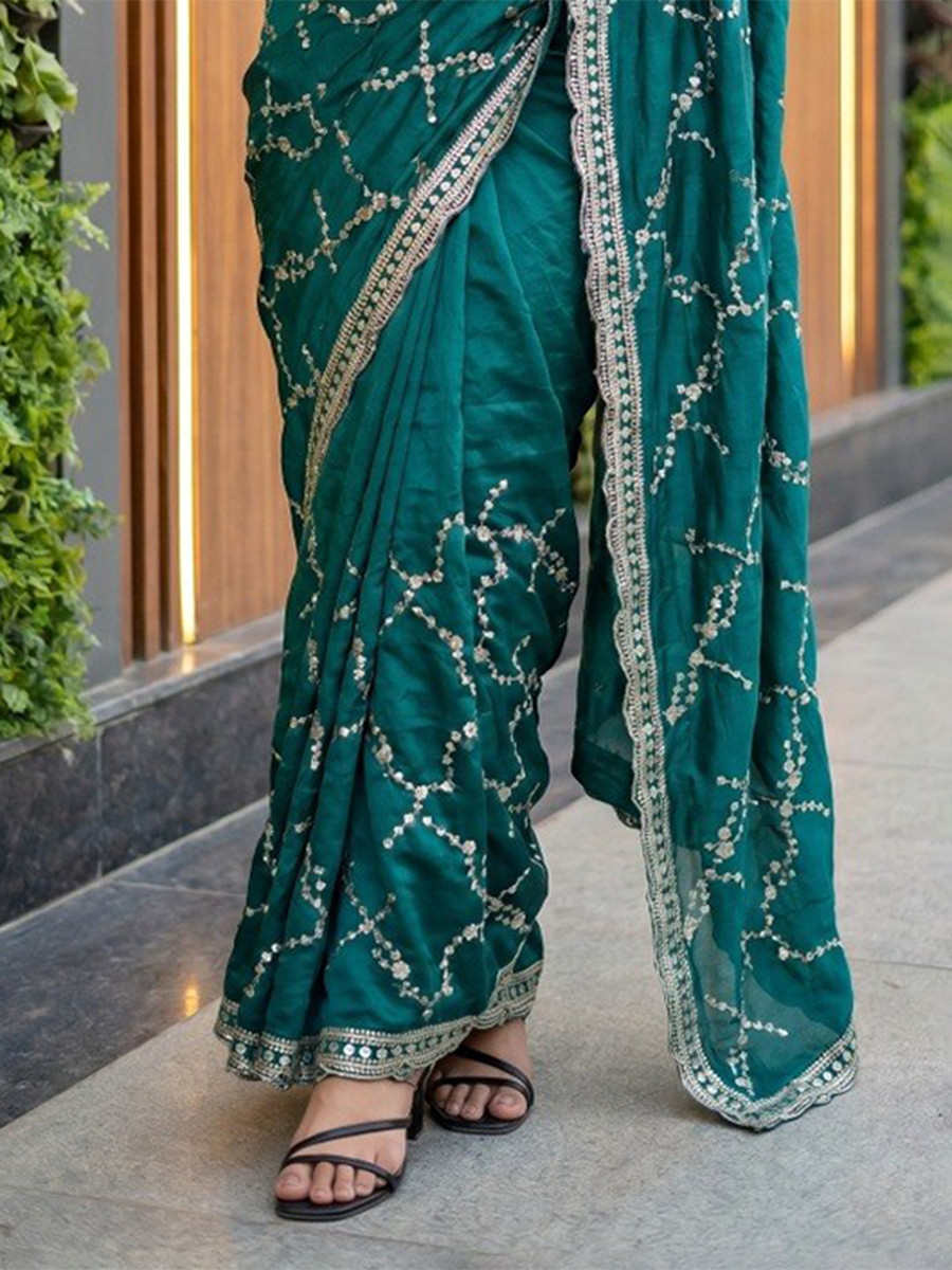 Rama Green Fendy Satin Embroidery Sequins Zari Wedding Reception Party Festival Casual Heavy Border Sarees