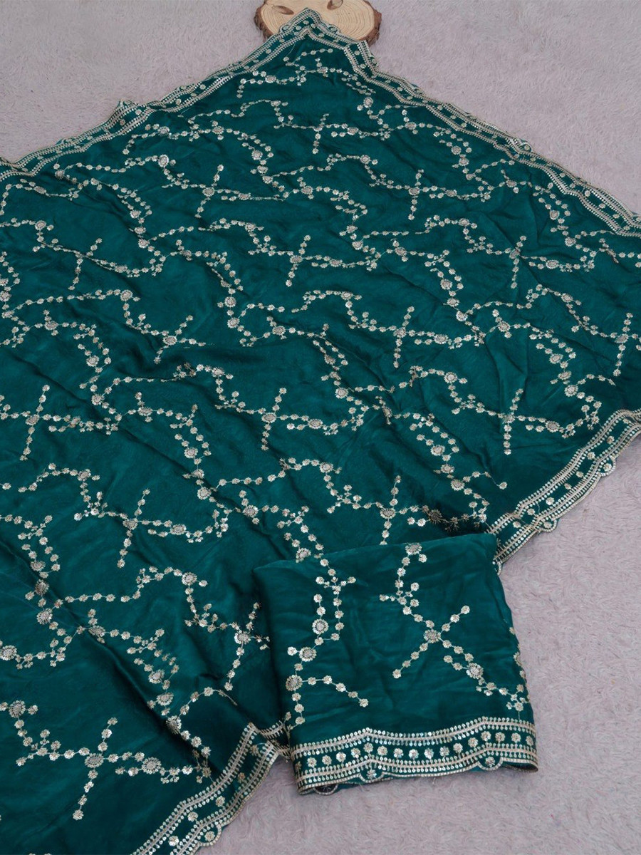 Rama Green Fendy Satin Embroidery Sequins Zari Wedding Reception Party Festival Casual Heavy Border Sarees