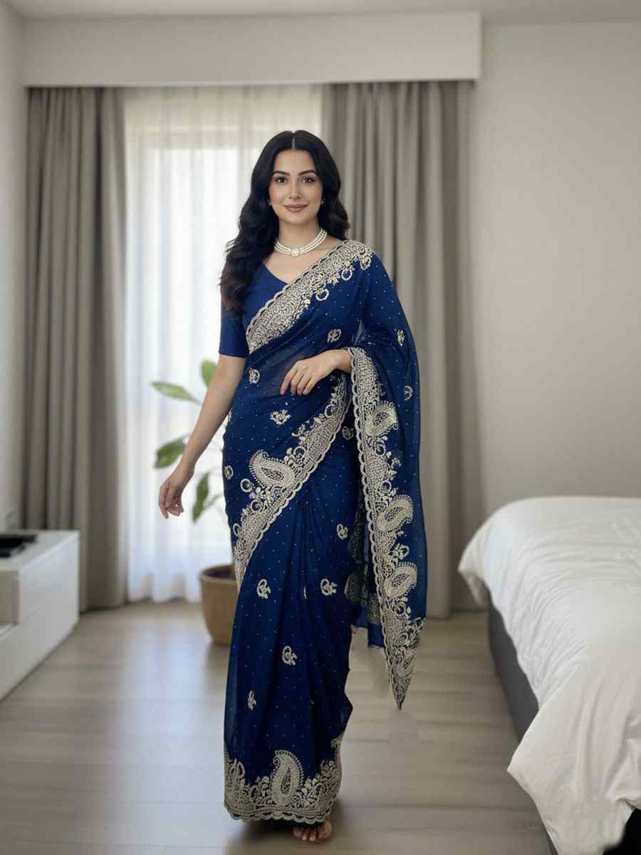 Rama Green Fendy Satin Silk Embroidery Casual Reception Festival Wedding Fancy Heavy Border Sarees