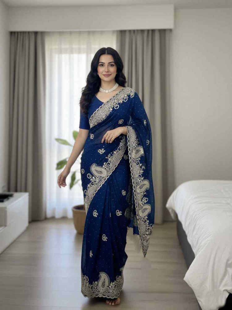 Image of Rama Green Fendy Satin Silk Embroidery Casual Reception Festival Wedding Fancy Heavy Border Sarees