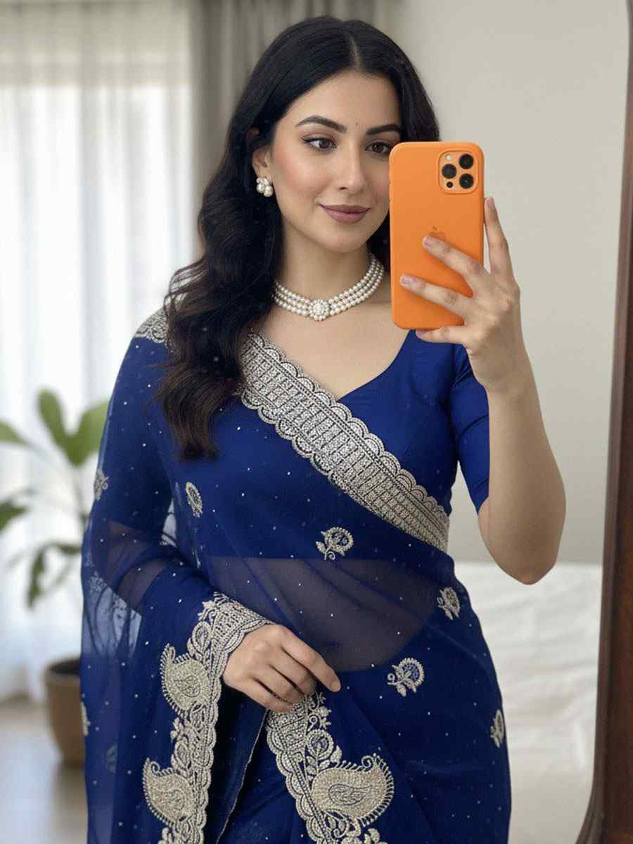 Rama Green Fendy Satin Silk Embroidery Casual Reception Festival Wedding Fancy Heavy Border Sarees