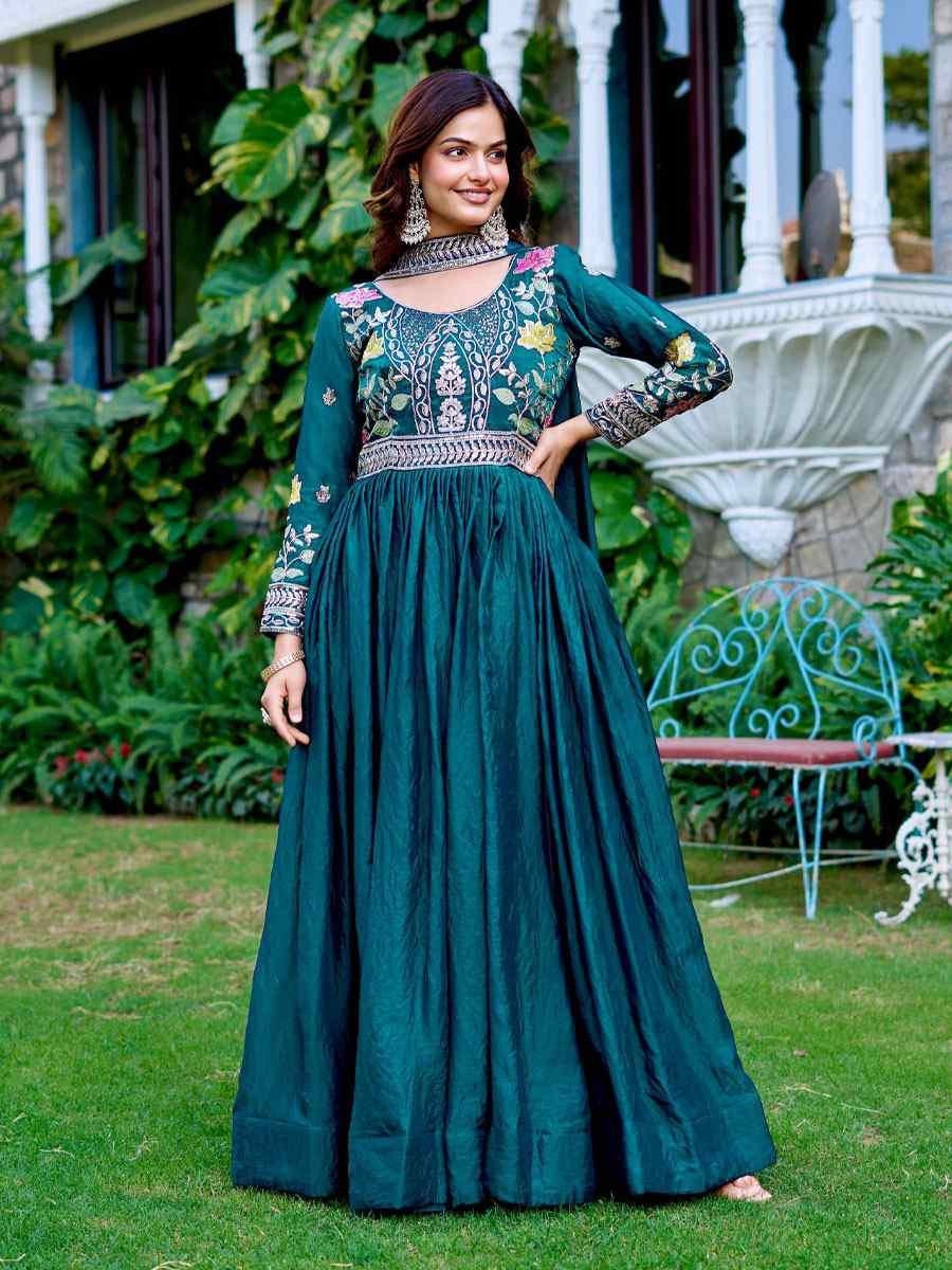 Rama Green Fendy Silk Embroidered Festival Casual Gown Women Wear