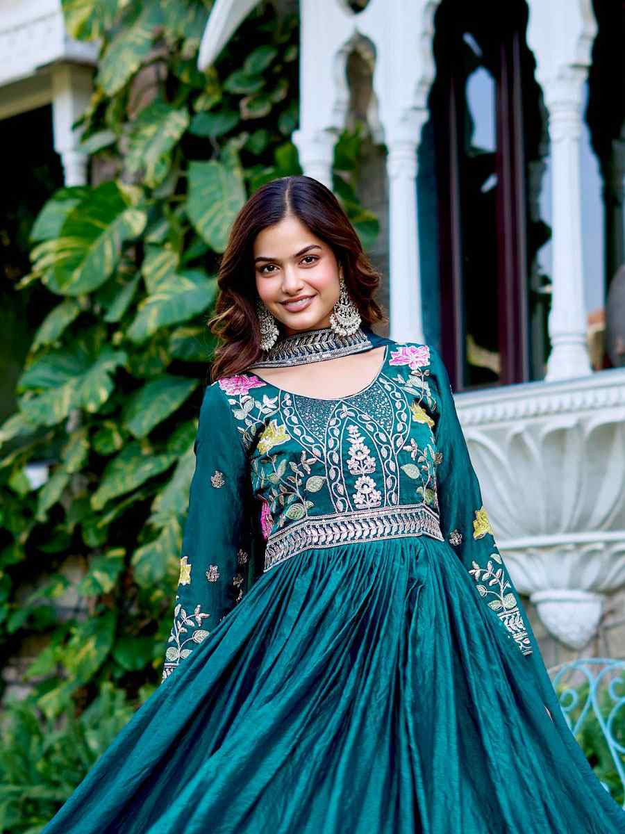 Rama Green Fendy Silk Embroidered Festival Casual Gown Women Wear