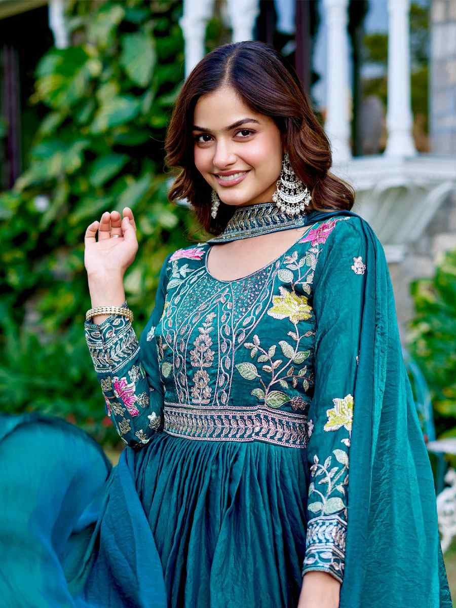 Rama Green Fendy Silk Embroidered Festival Casual Gown Women Wear
