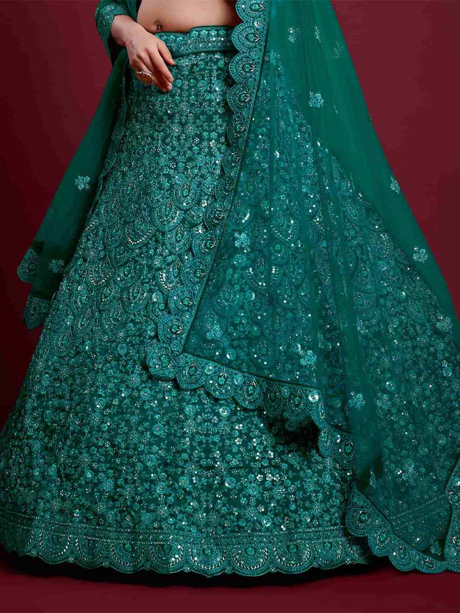 Rama Green Georgette Embroidered Bridal Wedding Heavy Border Lehenga Choli