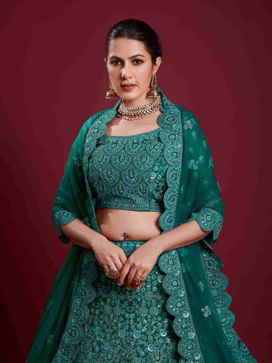 Rama Green Georgette Embroidered Bridal Wedding Heavy Border Lehenga Choli