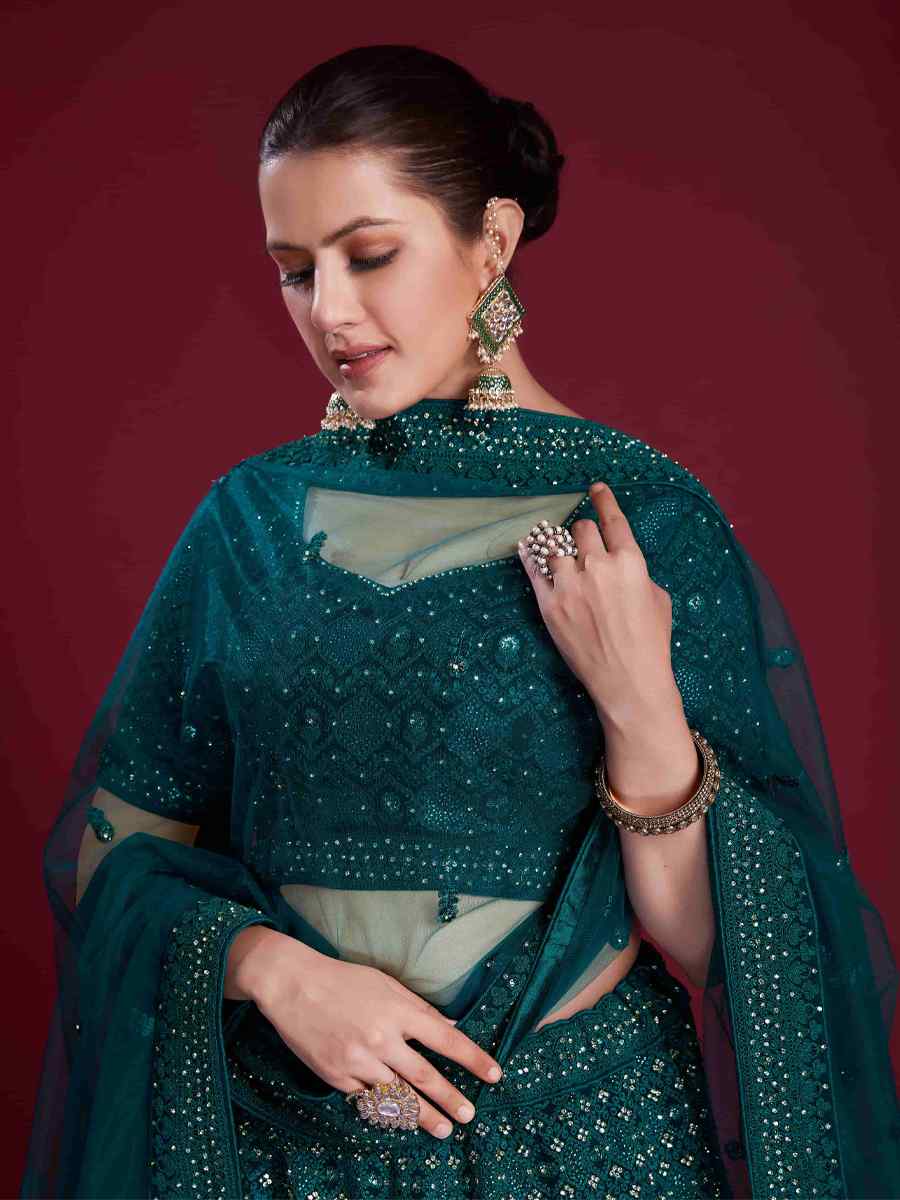 Rama Green Georgette Embroidered Bridal Wedding Heavy Border Lehenga Choli