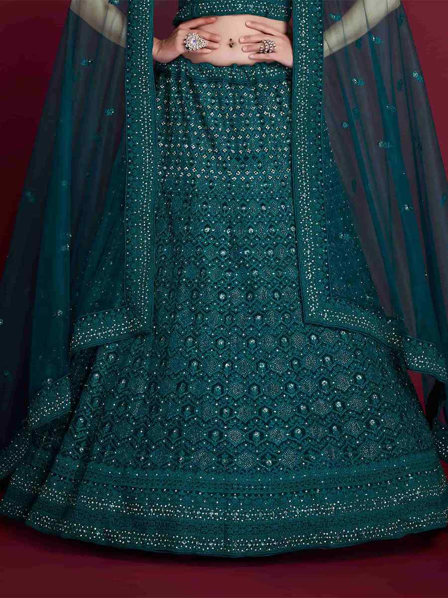 Rama Green Georgette Embroidered Bridal Wedding Heavy Border Lehenga Choli
