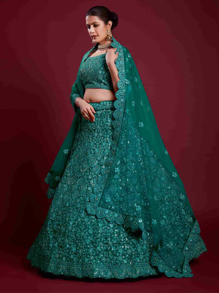 Rama Green Georgette Embroidered Bridal Wedding Heavy Border Lehenga Choli