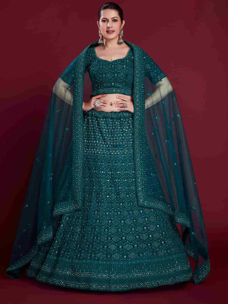 Rama Green Georgette Embroidered Bridal Wedding Heavy Border Lehenga Choli